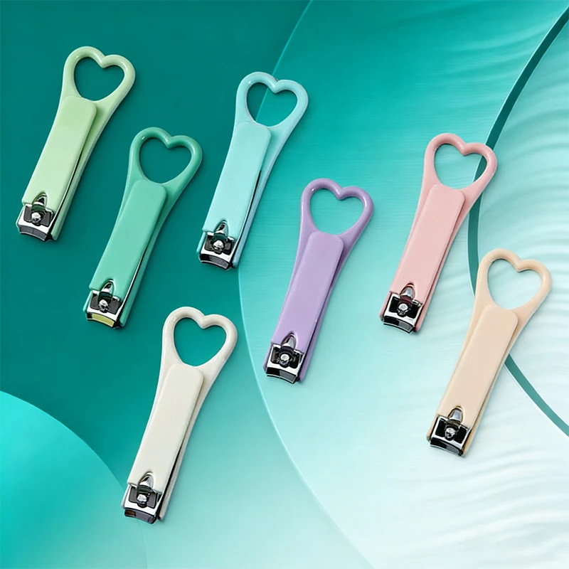 7pcs Colorful Candy Heart Nail Clippers Assorted Pastel Colors Pink Yellow Green Blue Purple Portable Clip-On Nail Care Tool