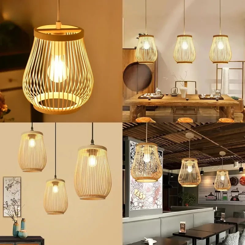 LED Wood Rattan Chandelier Bamboo Art Vase Pendant Light for Living Room Bedroom Bar Decorative Lighting Fixture