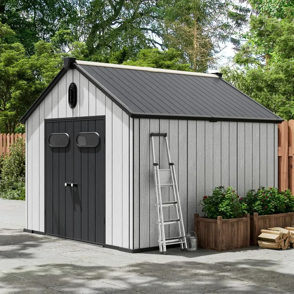 Outdoor Storage Shed, Resin Garden Shed Backyard Storage Sheds Outside Tool Storage Sheds House 10' X 8'