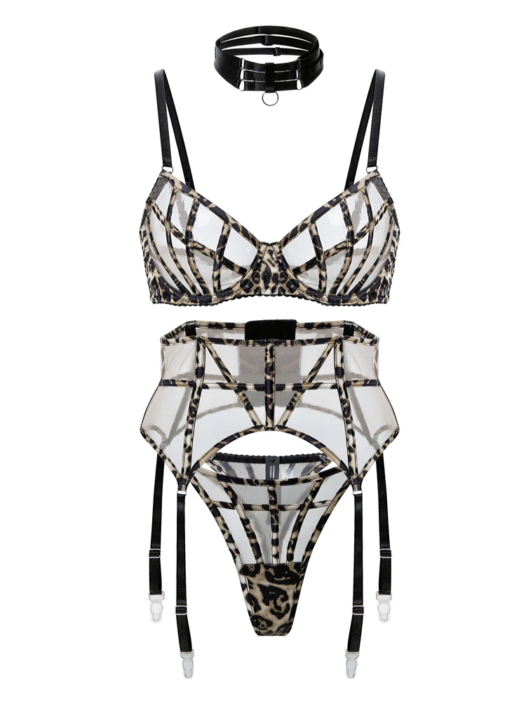 

Belamimi Sexy Female Lingerie Luxury Leopard Diamond Bra Underwear with Choker Gloves Sissy Intimate Hot Women Outfit
