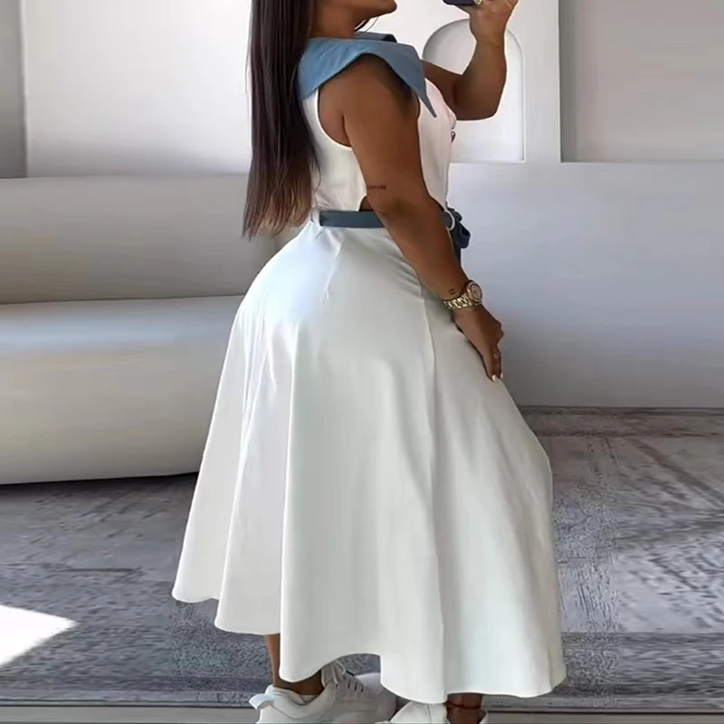 Women Single Breasted Hollow Waist High Street Dress New Pockets Pleat Dress Lady Fashion Contract Color Office Long Dress