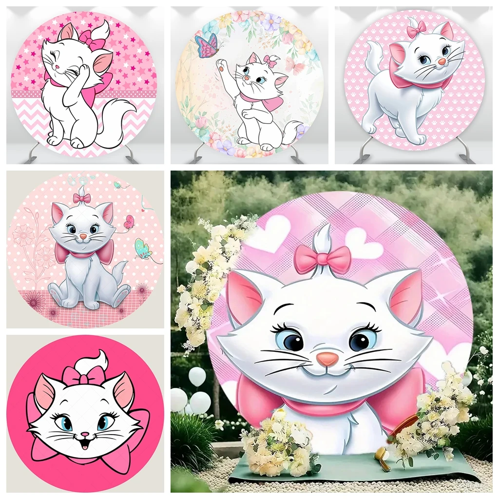 

Disney Mary Cat Theme Round Background Cloth Pink Star Love Flower Butterfly Girl Birthday Party Baby Shower Decoration Supplies