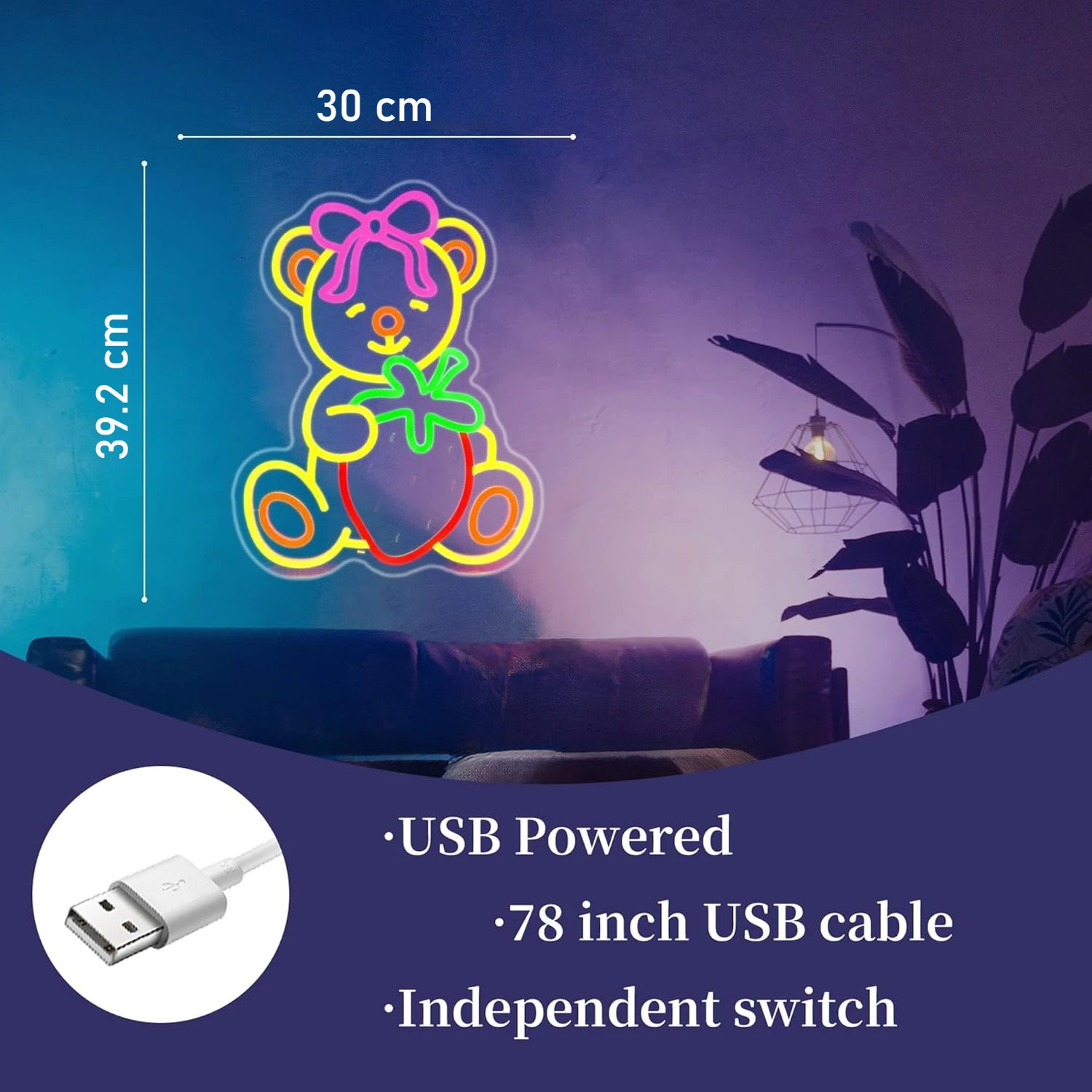 Strawberry Bear Neon Sign for Wall Decor, USB Powered LED Neon Lights for Bedroom, Bar, Cafe, Shop Advertising & Gift
