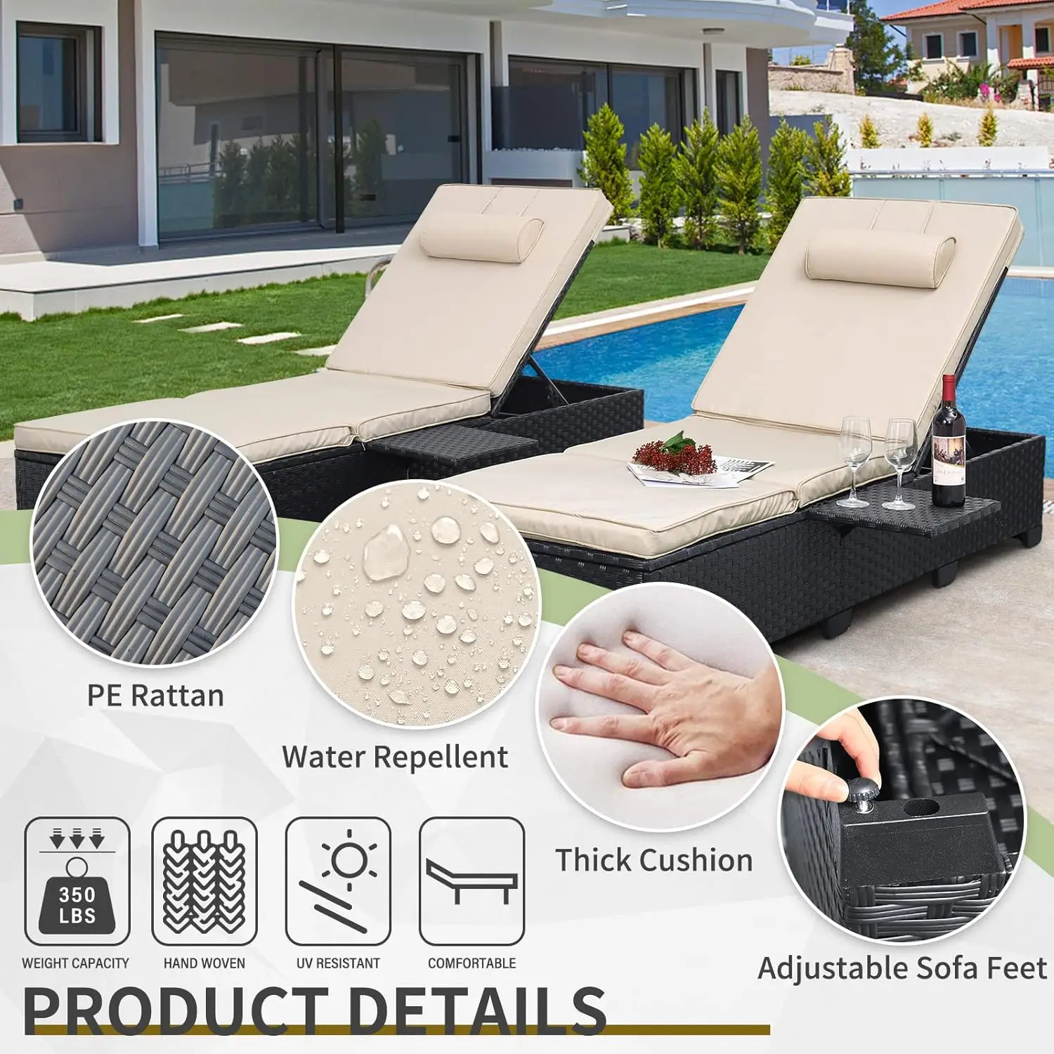 WAROOM-Sillas de mimbre para exteriores, Juego de 2 sillas reclinables de ratán negro para Patio, respaldo ajustable para piscina, tomar el sol