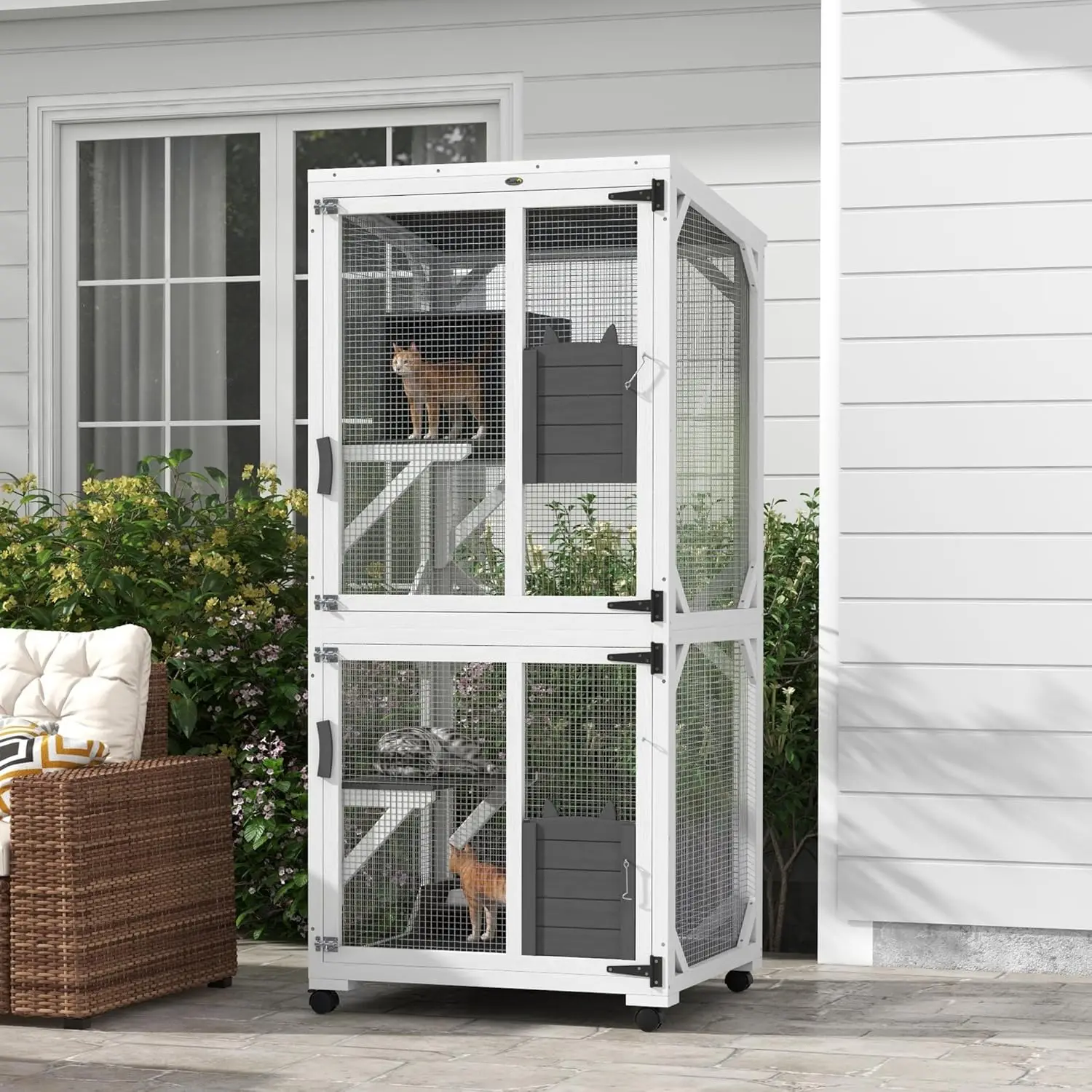 

Wooden Catio with Waterproof Roof, Large Cat House with High-Up Resting Box, Indoor & Outdoor Cat Enclosure with Wheels,