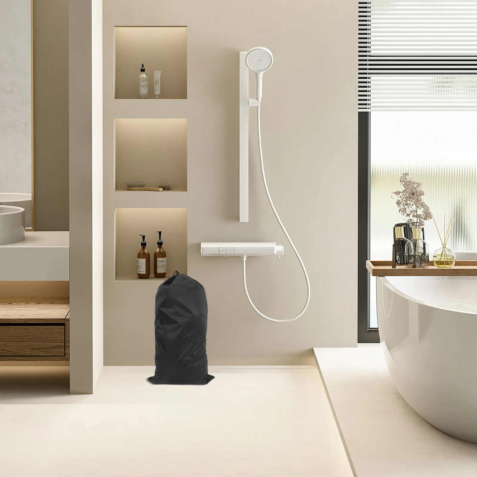 

Portable Foldable Bath Tub Bag Oxford Fabric Soaking Tub Organizer Black Travel Outdoor Bathroom Storage Drawstring Closure