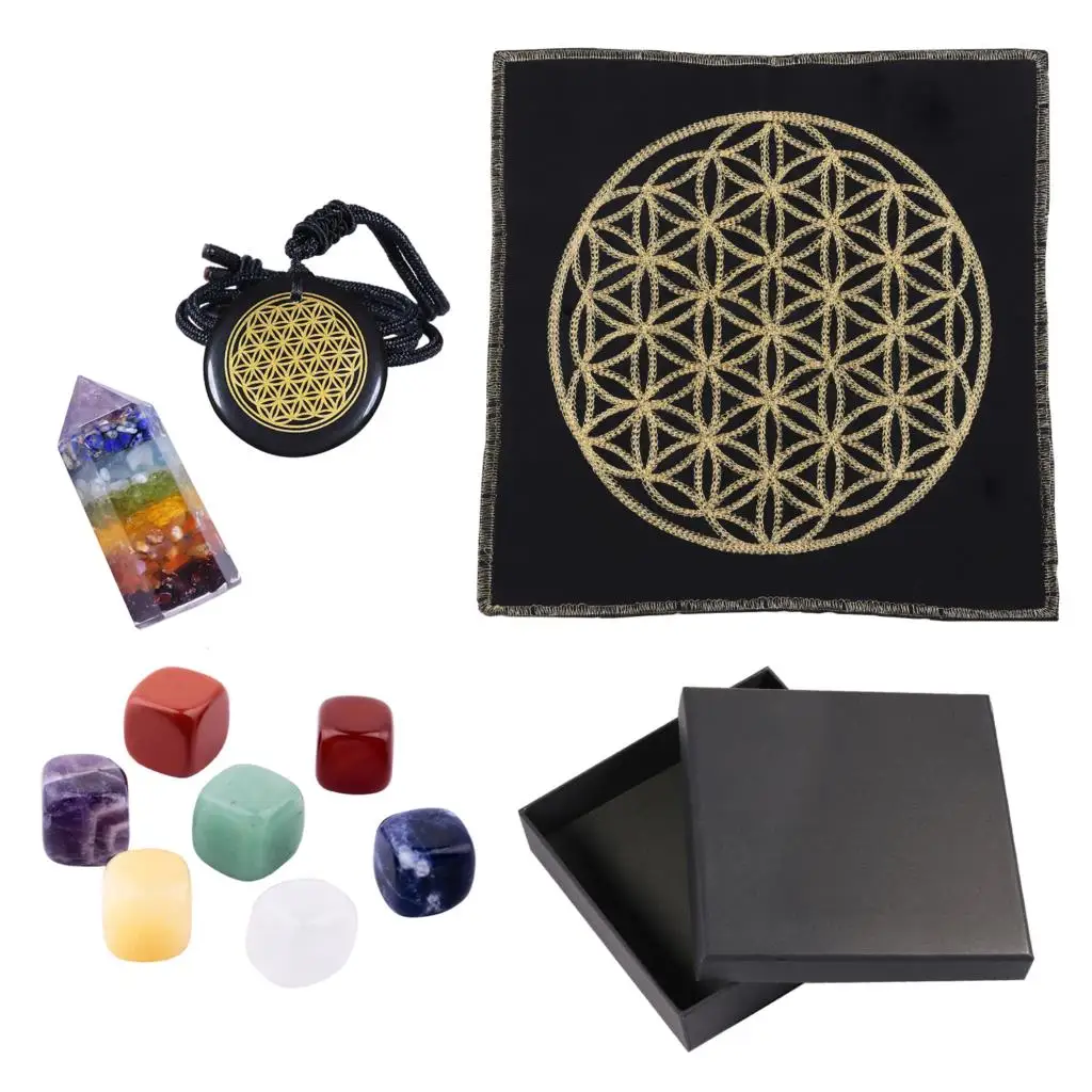 

7 Chakra Hexagonal Point Wand Healing Crystal Stone Set With Flower Of Life Mat For Tarot Divination Yoga Meditation