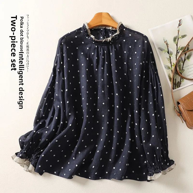 

Женский топ из хлопка и льна с длинным светом Artistic Fre в горошек, весенний антивозрастной топ с кружевным воротником для похудения