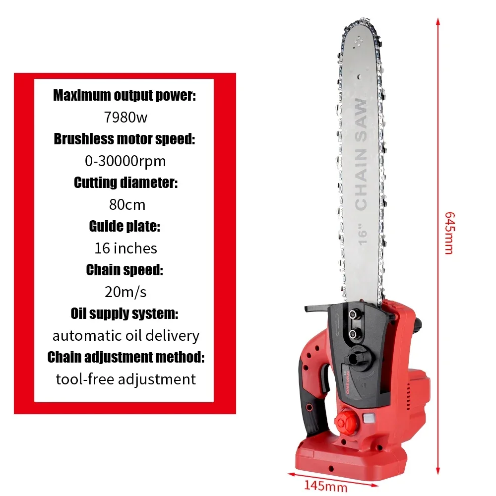 16 Inch Brushless Electric Chainsaw Cordless Battery Saw 7980W Garden Woodworking Cutting Power Tool Machine For Makita Battery