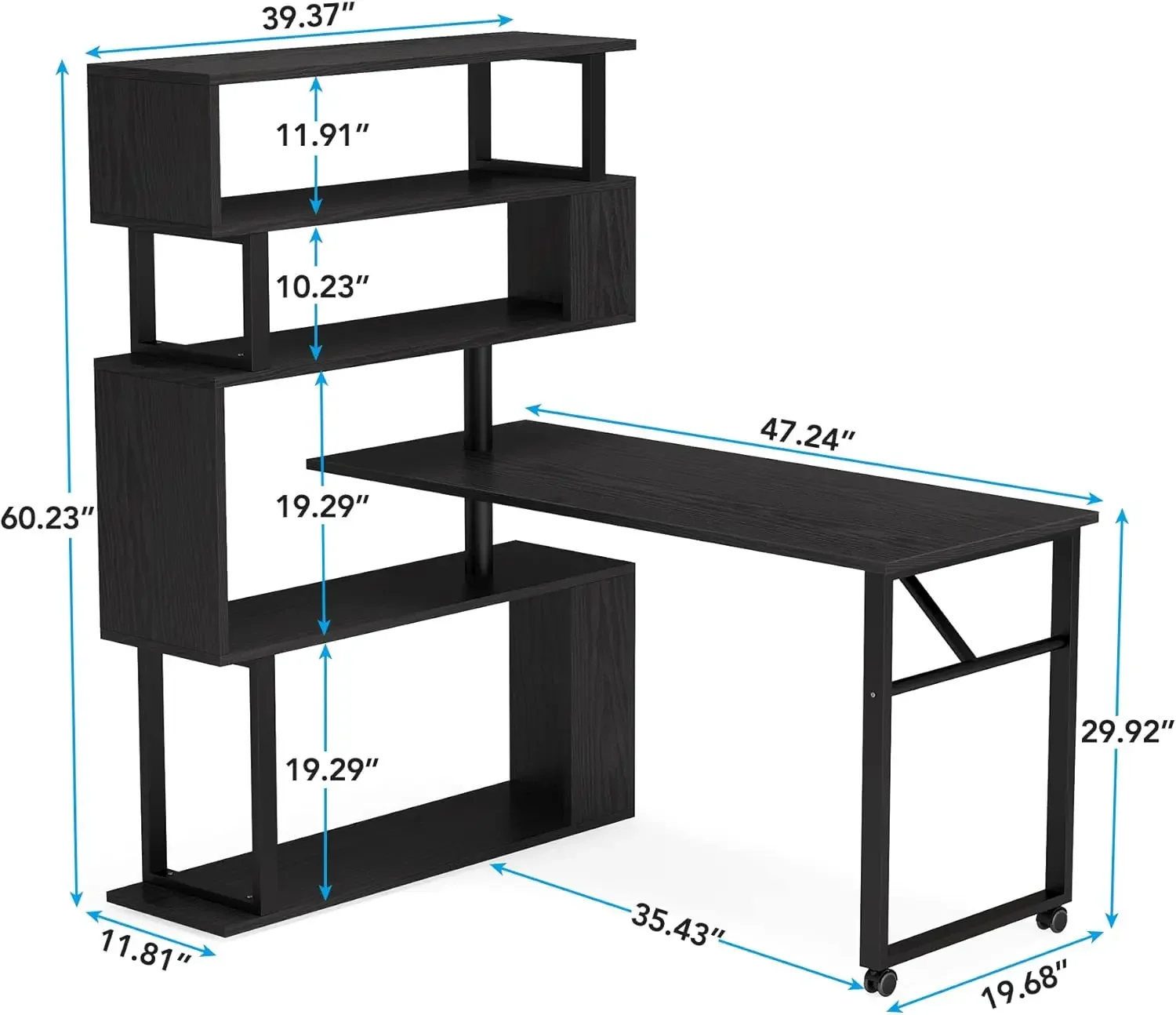 Tribesigns rotating computer desk with 5 bookshelves, modern L-shaped corner table, reversible office desk with storage space