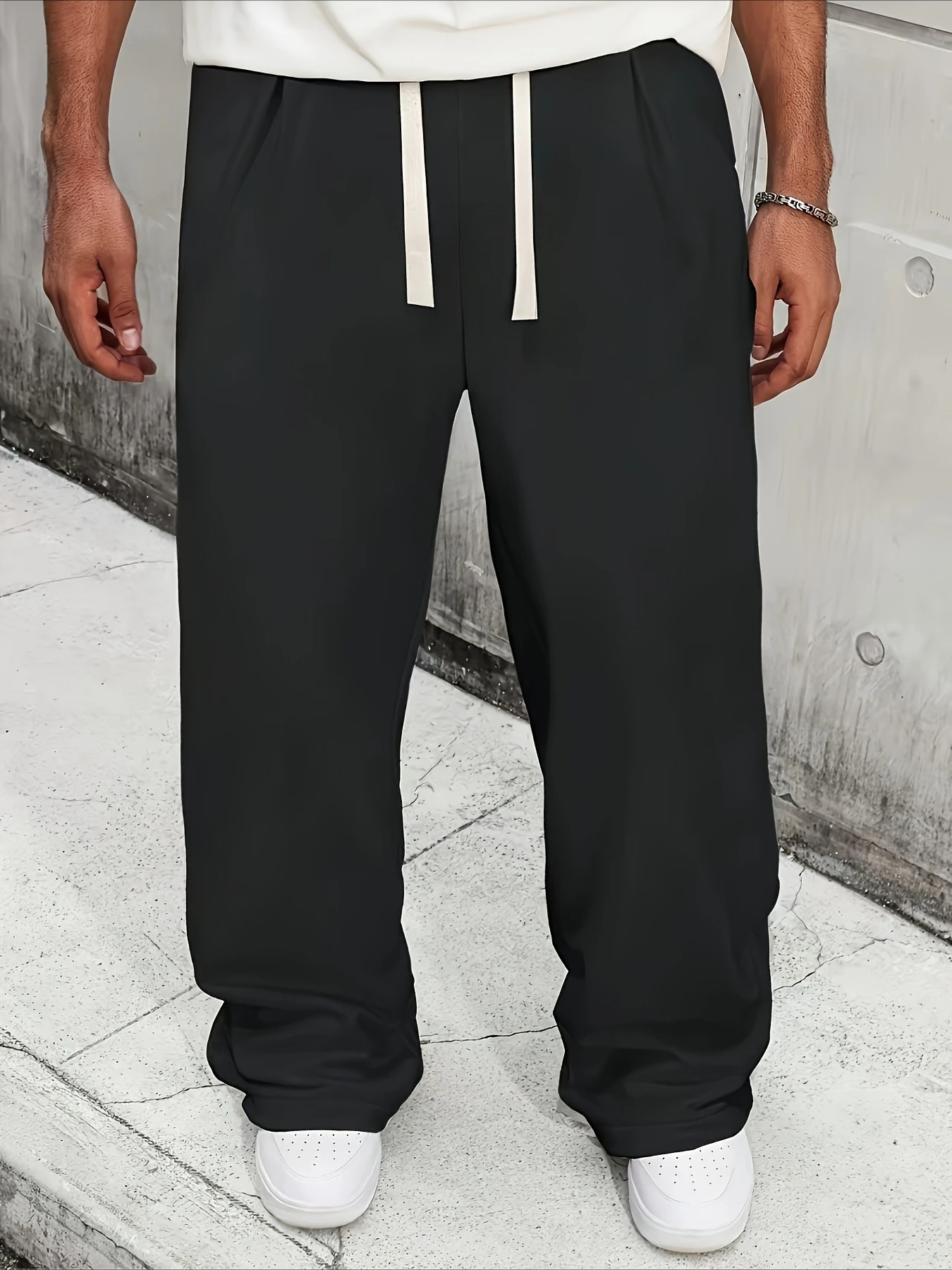 

Men's Casual Athletic Wide-Leg Pants Light Gray cotton Comfortable Loose Fit with Drawstring Waist & Pockets All-season trousers