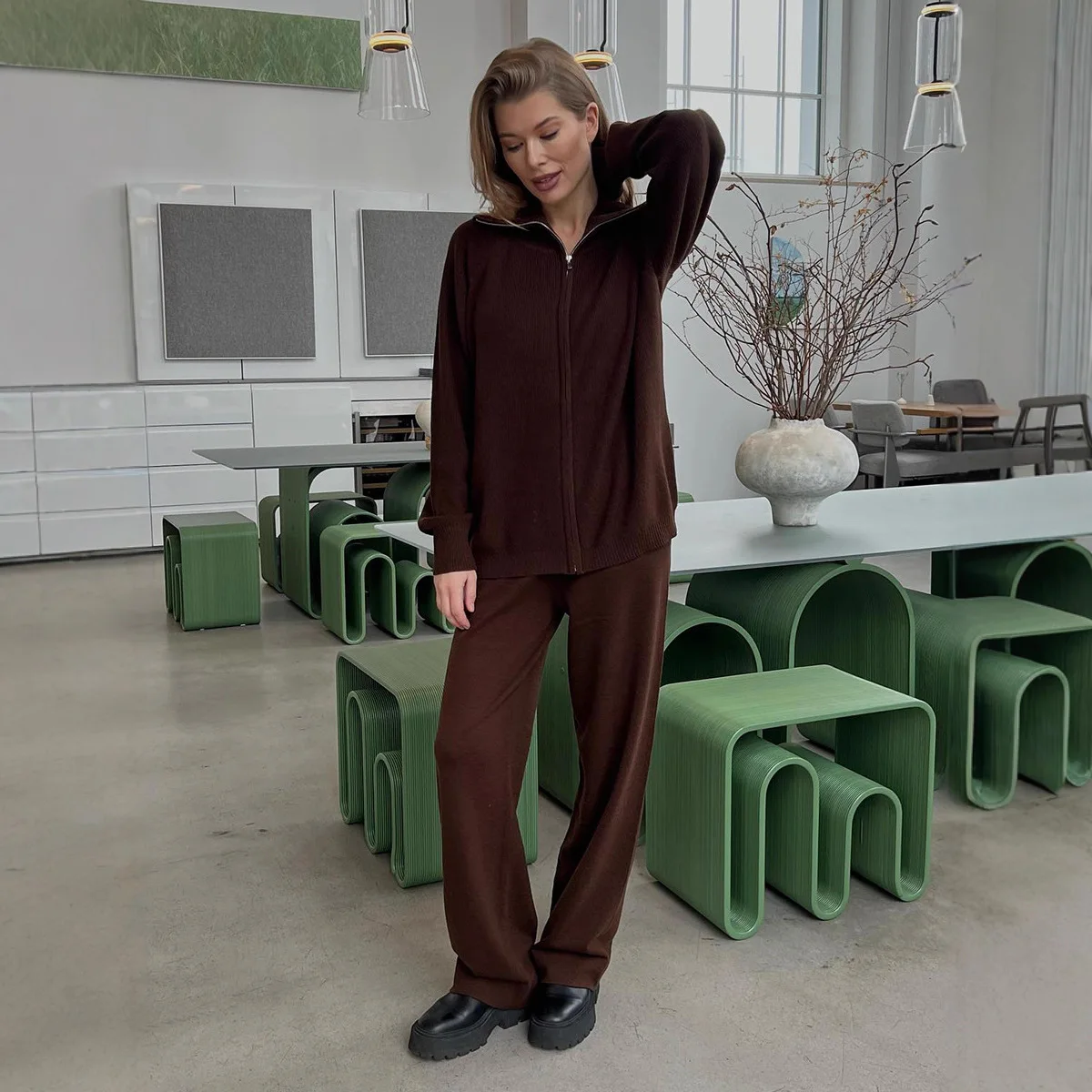 Americano europeu nova moda feminina cor sólida solta casual na moda simples 2 peças conjuntos com capuz zíper casacos calças de perna larga