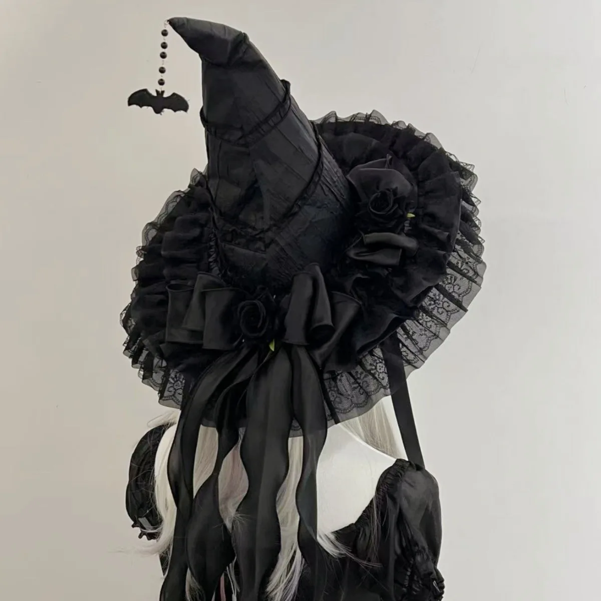 

Combhasaki Witch Hat Dark Gothic Style Vintage Decorative Rose Bow Lace Trim Halloween Wizard Hat for Cosplay & Party