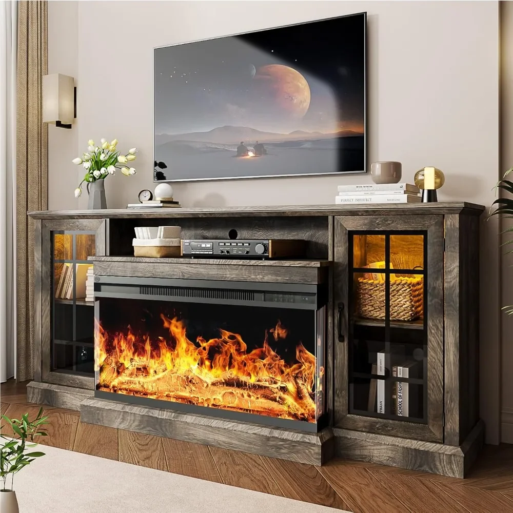 

36 Inch 3-Sided Glass Fireplace TV Stand for TVs up to 80", Rustic Media Entertainment Center Console Table