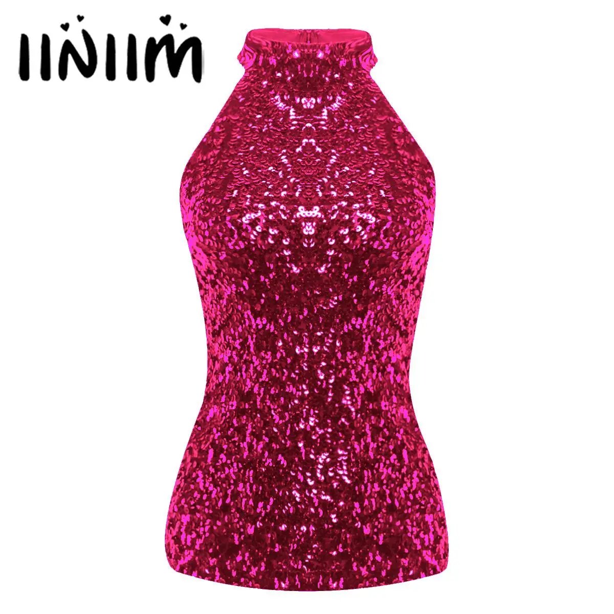 Womens Sequins Embellished Halter Neck Tanks Camis Rave Party Clubwear Costume Fashion Shimmer Flashy Sleeveless Vest Tank Tops