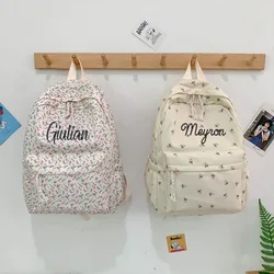 Nome personalizado das mulheres Mochila, Mochila floral meninas, bordada personalizada, casual, versátil, minimalista, ao ar livre, nova