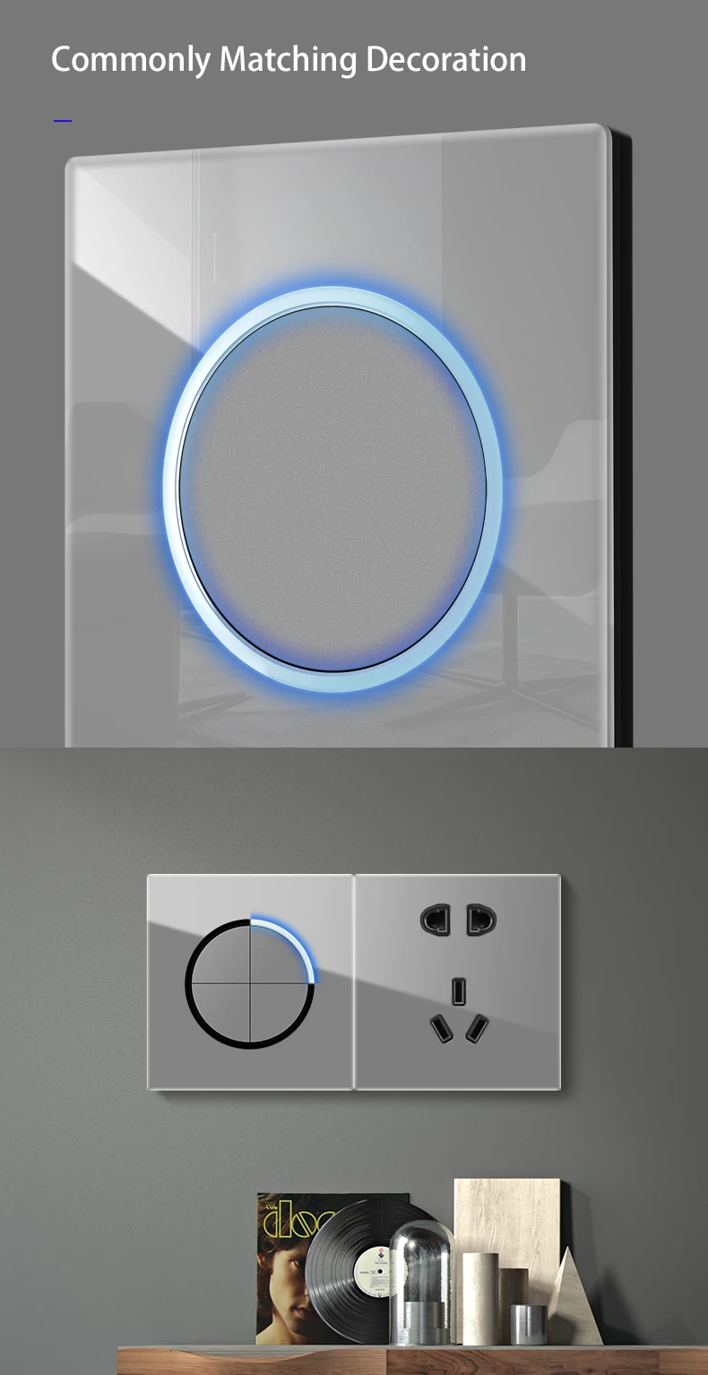 WALLPAD 1/2/3/4Gang Wall Light Switch Round Button Switches 2Way Glass Panel 110V 250V 16A Blue LED Ring Indicator