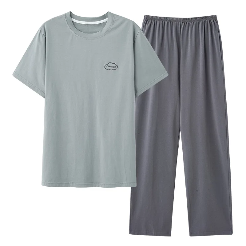 

100% Cotton Men's Pajamas Summer Short Sleeve and Long Pants Set Suitable for Wearing Outside Youth Large Size Thin Homewear Set