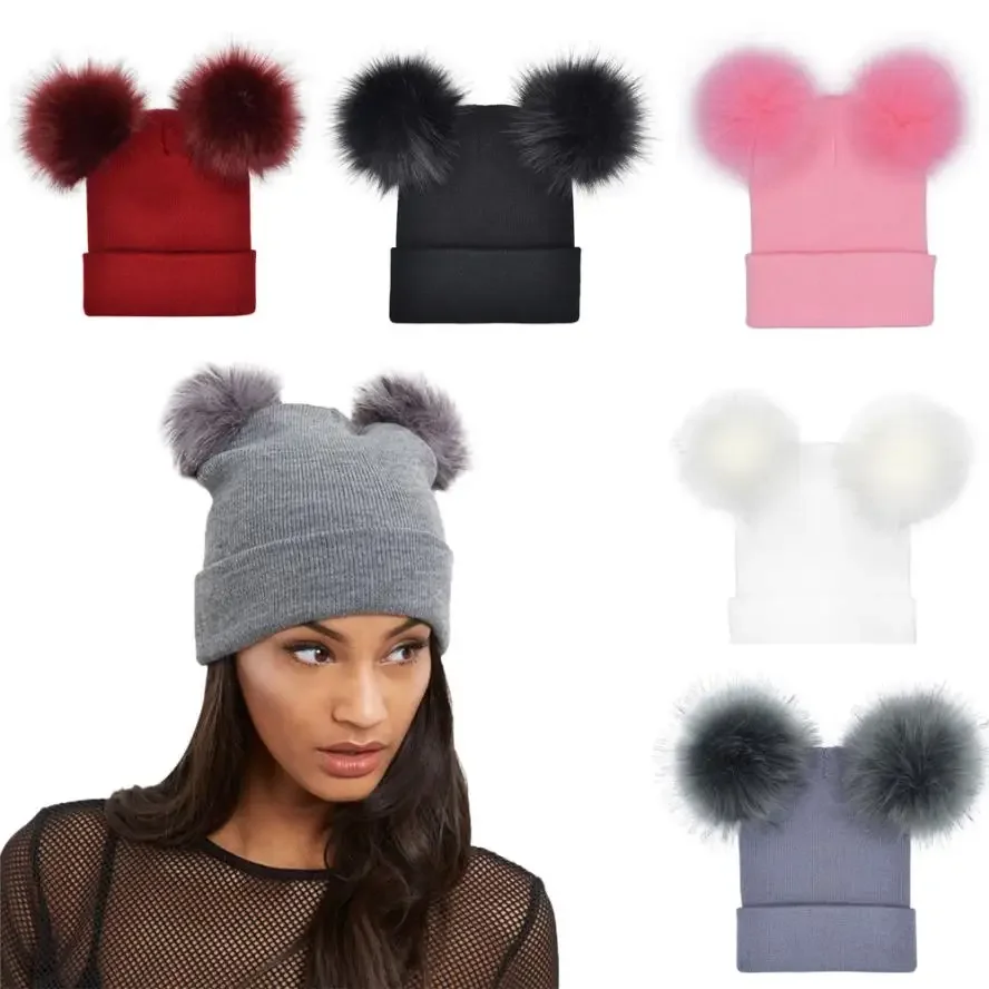 Autumn New Women Faux Fur Pompom Hat Female Winter Warm Cap Knitted Beanie Girl Double Ball Pom Pom Hats Woman Bonnet Femme