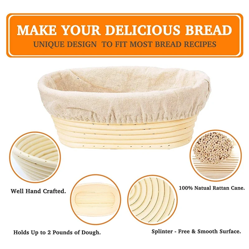 2 Packs 10 Inch Oval Shaped Bread Proofing Basket - Baking Dough Bowl Gifts For Bakers Proving Baskets For Sourdough Bread Slash