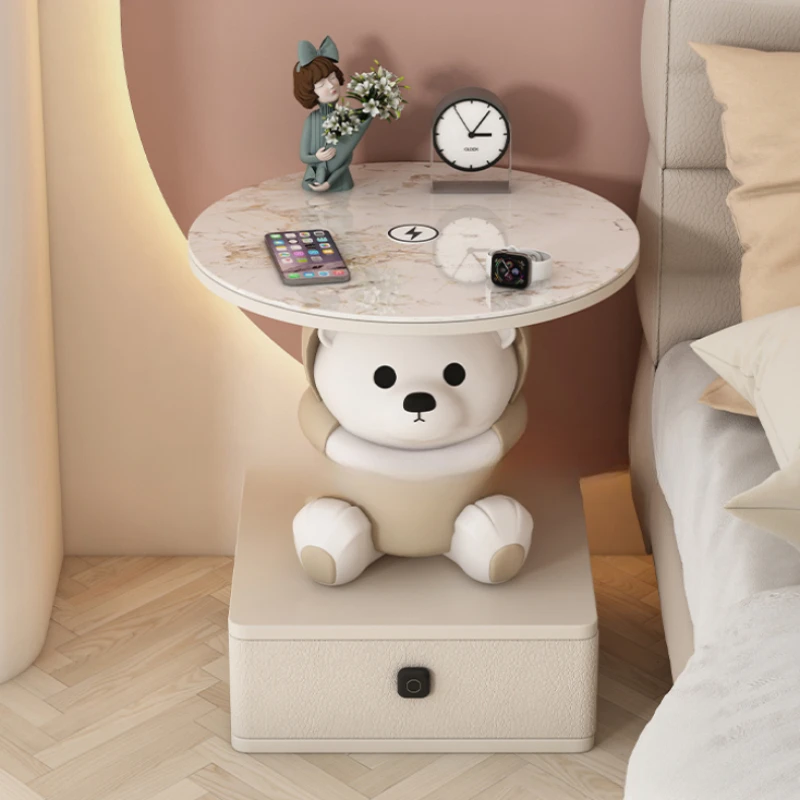 

White Led Safe Nightstand FingerprintCharging Cream Modern Bed Side Table Storage Cute Wireless Cabeceros Home Furniture