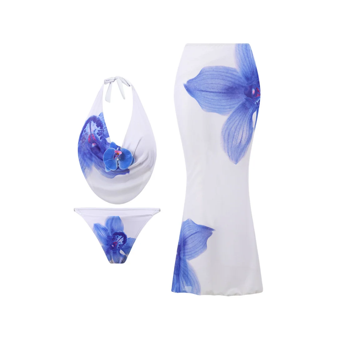 

S - XL With Skirt Flowers Floral Bikini Women Swimwear Female Swimsuit Three-pieces Bikini set Bather Bathing Suit Swim SW811