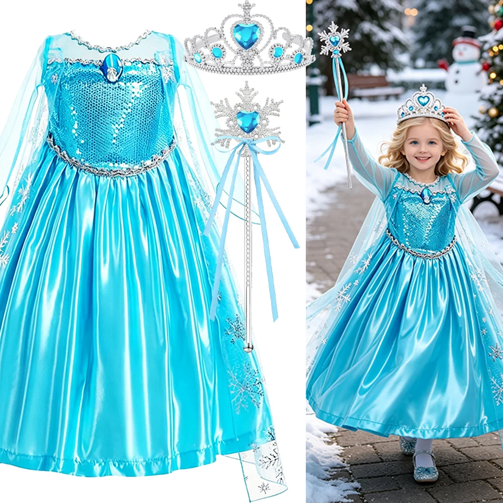 Snow Themed Blue Princess Dress for Girls With Crown Necklace Complete Accessories Set For Kids Book Week