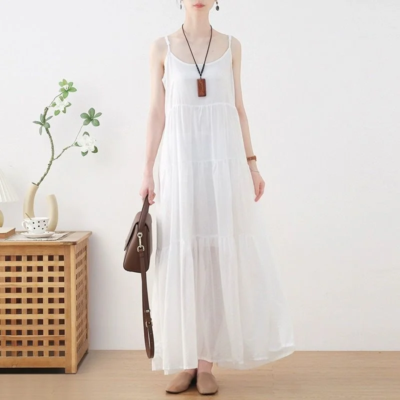 Verão novo feminino artístico solto dupla camada cinta dr praia capa de viagem barriga emagrecimento longo vestido de algodão cintura alta