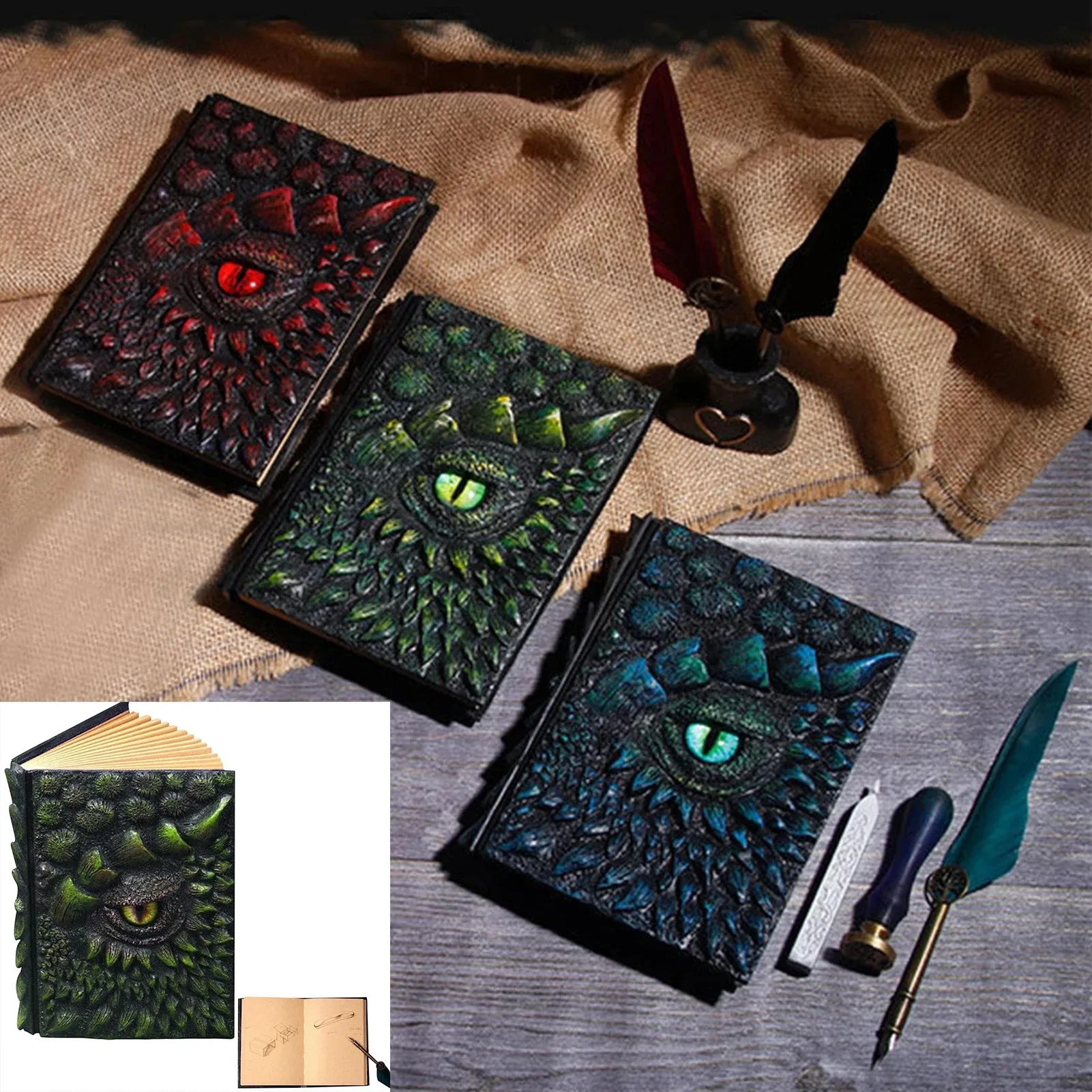 

Anime Dragon Eyes Notebook Ornament Magic Book Embossed Writing Pad Blank Notepad Resin Devil's Eye Relief Diary Halloween Decor