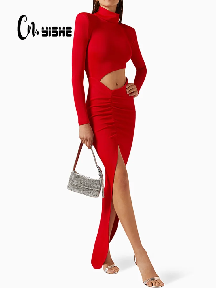 فساتين CNYISHE المجوفة ذات الياقة العالية وأكمام طويلة للنساء، ملابس أنيقة للحفلات المسائية، أزياء نحيفة ومثيرة للنوادي