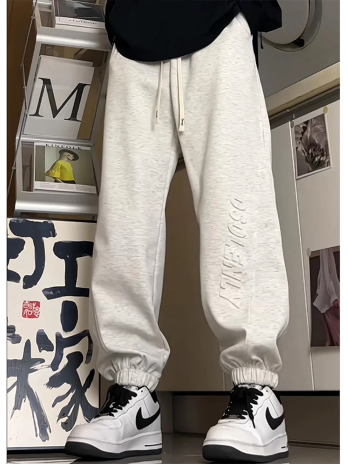 

Мужские спортивные брюки в стиле Харадзюку на осень-зиму, повседневные брюки с цветочным принтом, свободного кроя, с эластичным поясом, молодежный модный бренд