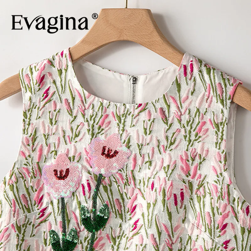 Evagina Spring/Summer New Fashionable Women's Sleeveless Jacquard Sequins High Street A-Line Short Dresses