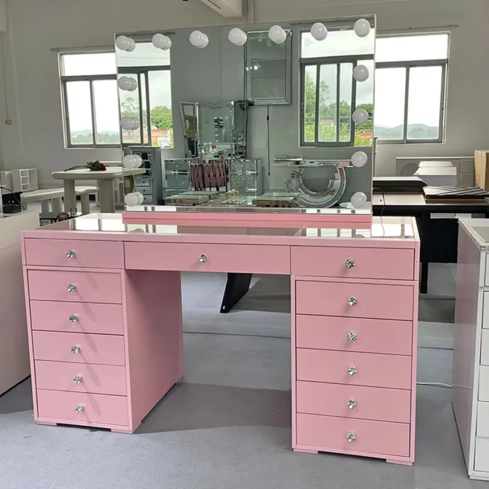 Luxury Pink Dresser Bluetooth Speaker with Led Light Makeup Mirror Vanity Table with 13 Drawers for Bedroom Sets Manufacturer