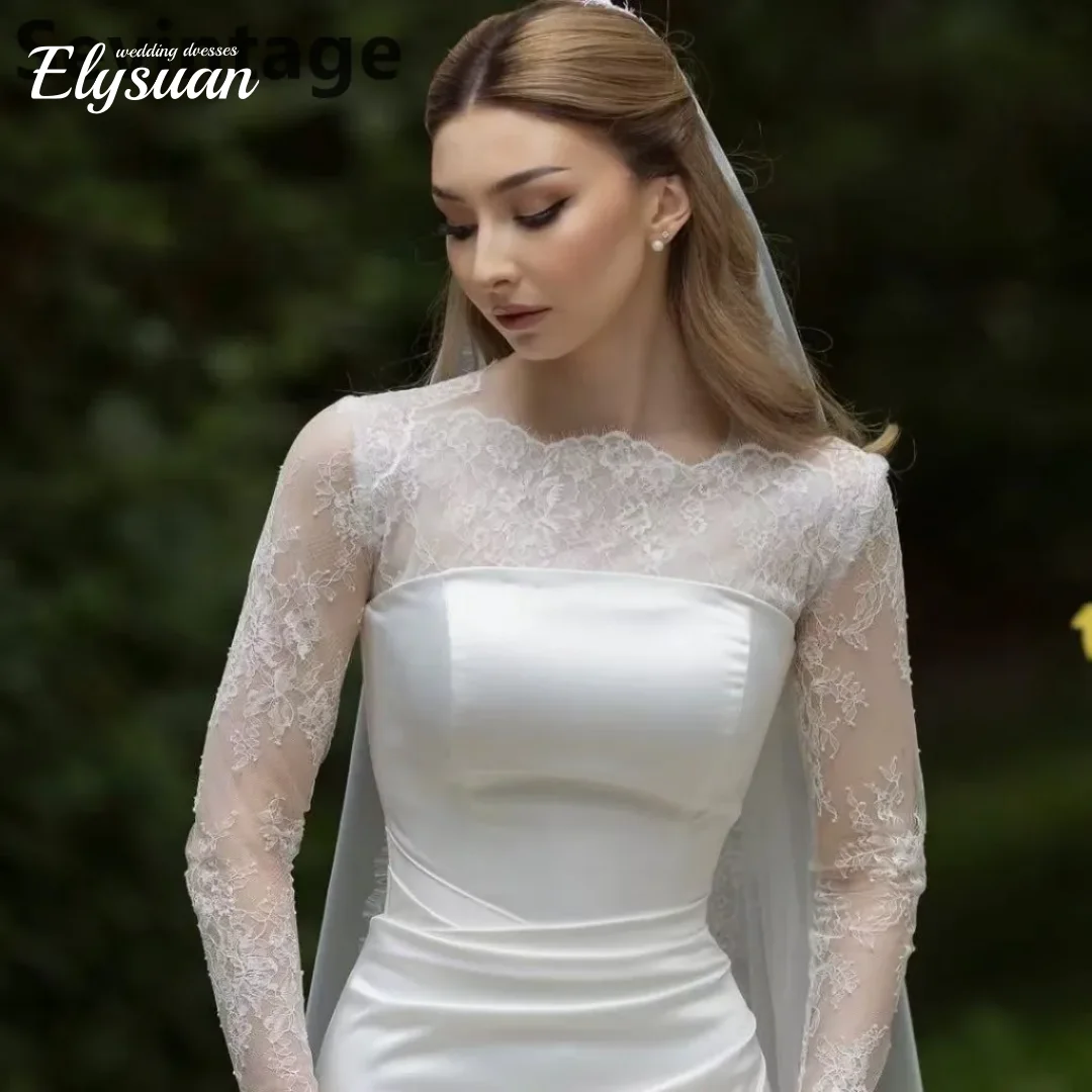 Aangepaste eenvoudige elegante zeemeermin satijnen kant lange mouw trouwjurk bruidsjurken