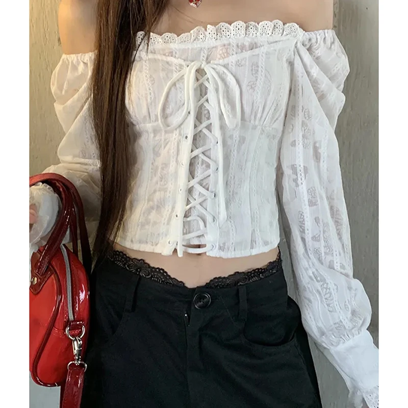 

Sexy Off Shoulder White Blouse Women Long Sleeve Lace Tie Closure Cropped Top Korean Chic Elegant Sweet Soft Romantic Shirt