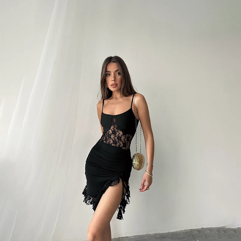 

Sexy European And American Cross-Border Strap Lace Splicing Hollow out Slimming Asymmetrical Hem Short Dress