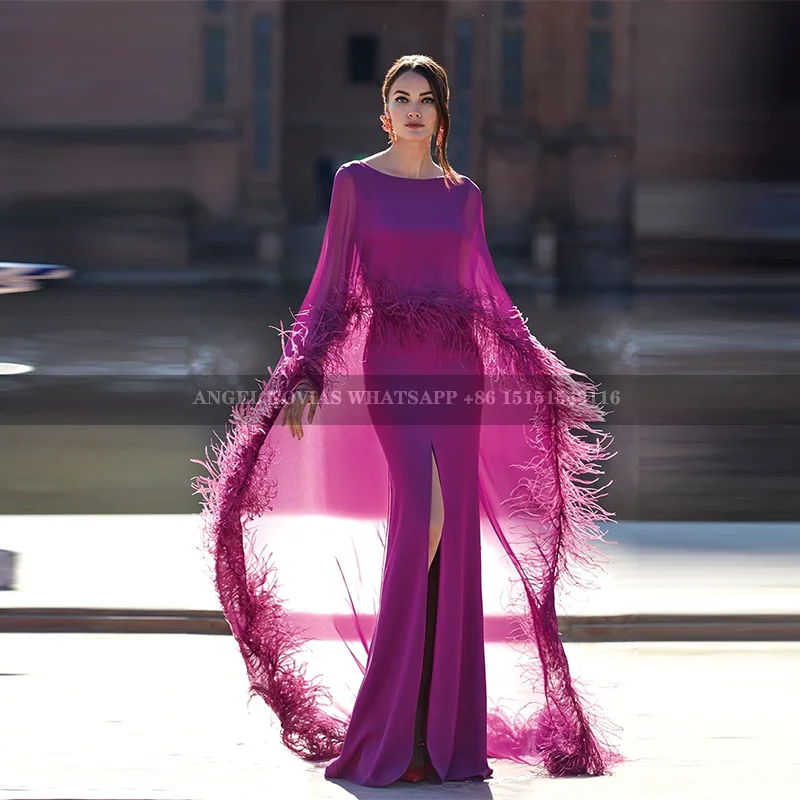 

Mermaid Purple Mother of the Bride Dresses with Feather Wedding Party Dress Vestidos De Fiestas robes invitée mariage