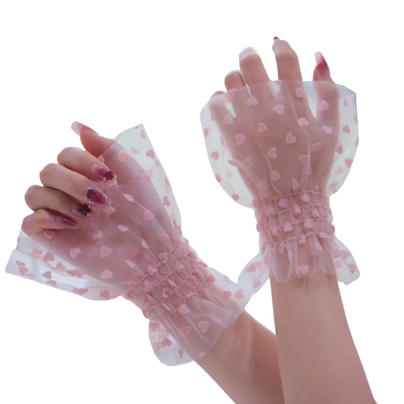 Elegant Lace Wrist Cuffs with Heart Design - close-up view