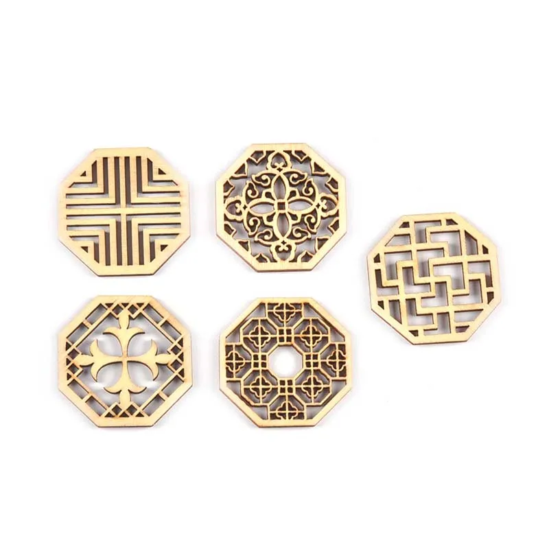 10Pcs/lot 4cm Mixed Hexagon Hollow Lace Wooden Crafts DIY Scrapbookings Ornaments Handmade Supplies Wood Slice Home Decor C3414