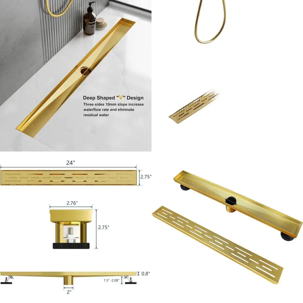 

Прямоугольный душевой трап из матовой латуни, 304 нержавеющая сталь, золотая решетка, фильтр для волос, сертификат CUPC