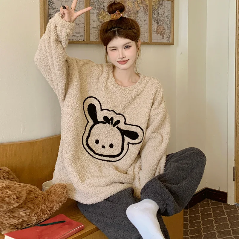 Sanrio Pacha Dog Autumn and Winter Coral Fleece Warm Casual Crew Neck Pullover Women's Pajamas Cute Long Sleeve Homewear Set