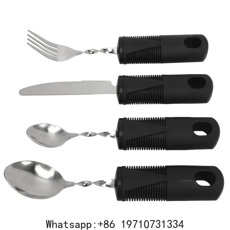 4Pcs Handle Cutlery Set Stainless Steel Tableware Set Kitchen Knife Fork Spoon Dinnerware Set Elderly Aid Utensil Kitchen Tool