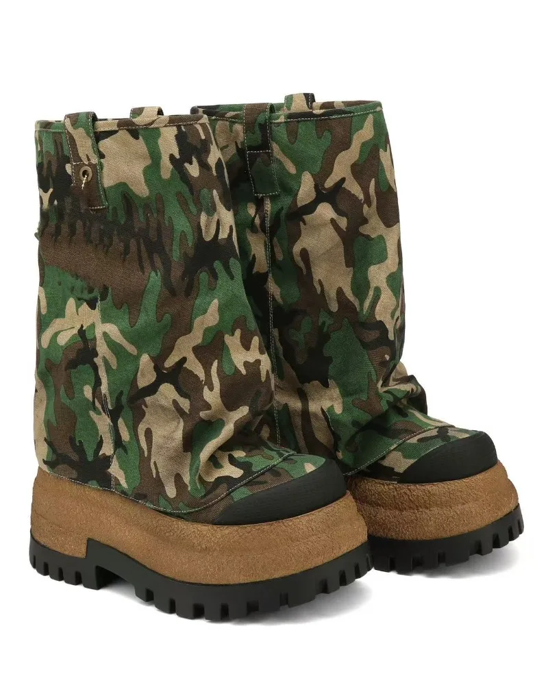 

2025 Retro Versatile Thick Bottom Sleeve Knight Boots Women's Camo Slimming and Height Increasing Fashion Pants Boots