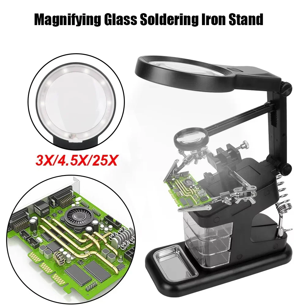 

3X/4.5X/25X Magnifying Glass Welding Tool With 3 Hand Soldering Iron Stand Illuminated LED Alligator Clip Holder Welding Tool