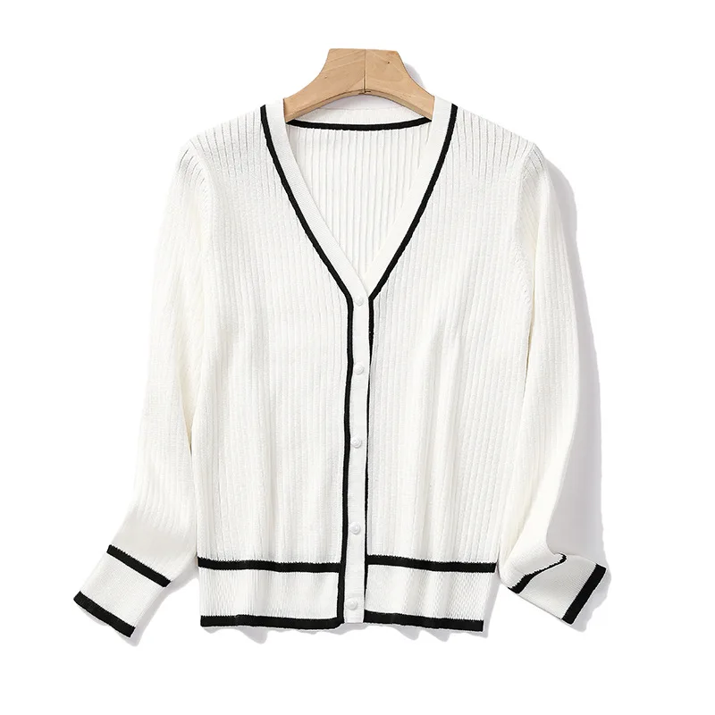 New sweater white black women Knit Top Fashion Female Cardigan thin spring  summer Long sleeve adult jacket clothes Slim M-XL