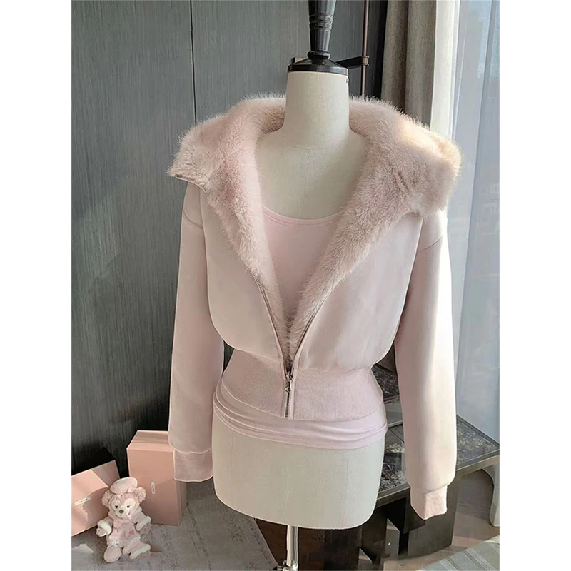 MEXZT Kawaii الوردي هوديس المرأة Harajuku Cutecore اقتصاص الصوف قمصان سويت شيرت بقلنسوة الشتاء موضة الشارع الشهير سستة جاكيتات جديد