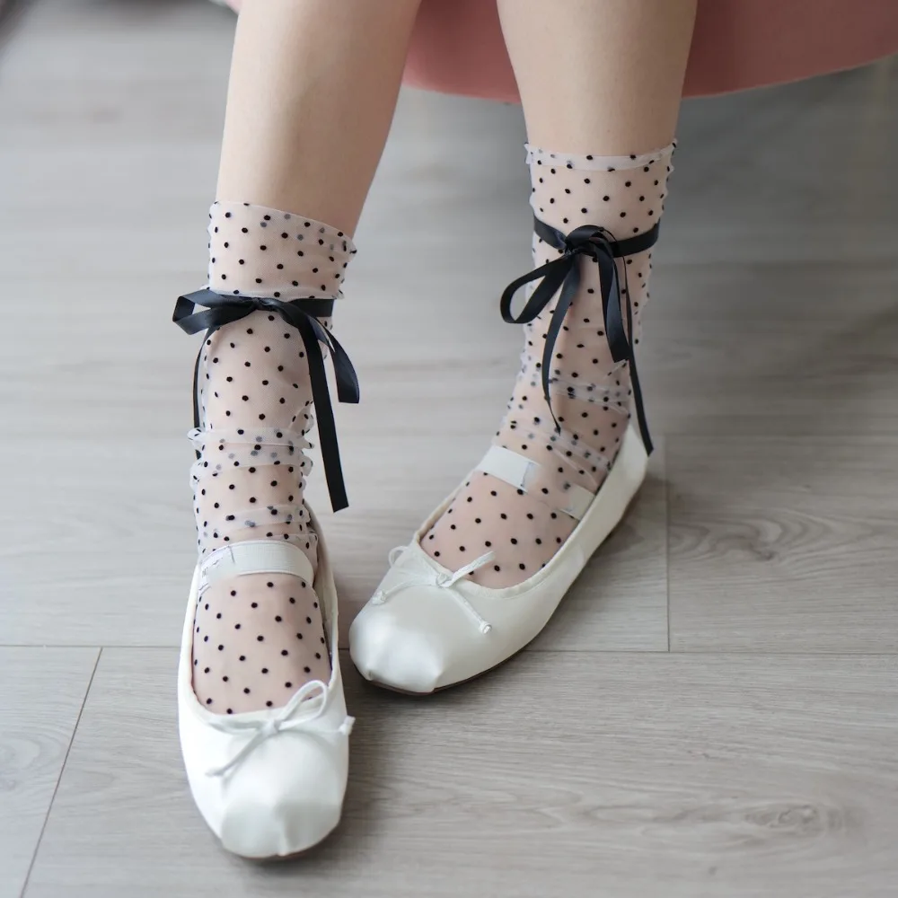 Sweet Bow Dots Mesh Mid Tube Socks Ballet Style Thin Transparent Tulle Bowknot Socks for Girl Harajuku Hosiery