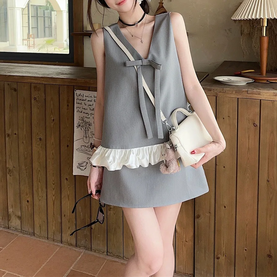 

Premium Temperament Suit, Sleeveless Loose Bow Vest, Women's Clothing, Summer High Waist Hip Skirt Two-piece Set