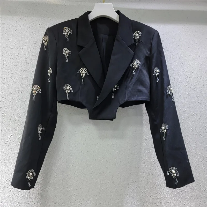 Whth nova moda feminina emendado diamantes pérola fino blazer 2025 primavera turn-down colarinho mangas compridas jaqueta feminina 1ls7100