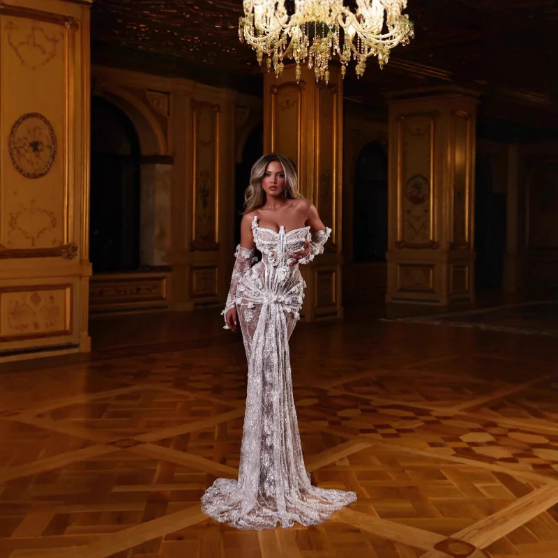 

New Arrival Women's Exquisite Embroidery Sexy Lace Beaded Strapless White Floral Bodycon Couture Evening Wedding Dress